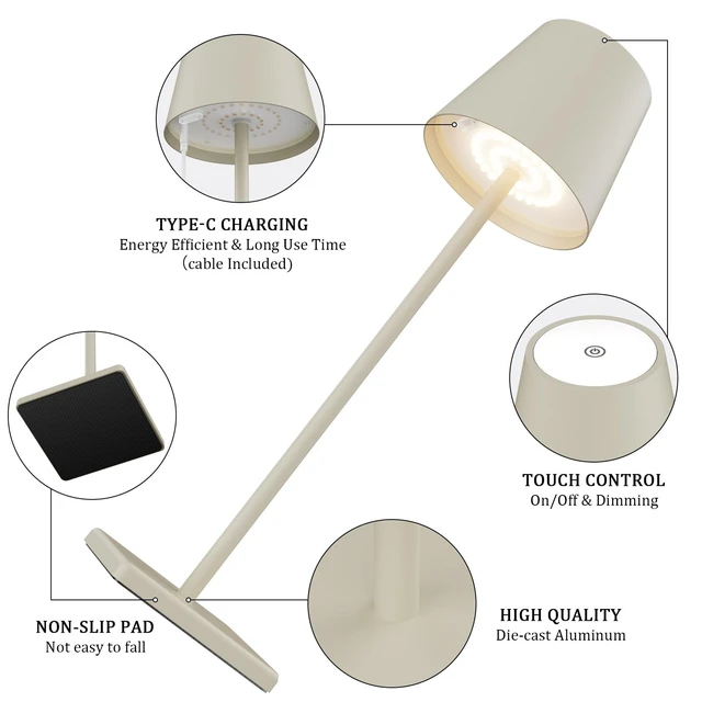 Alt view image 3 of 7 - Cordless Table Lamp 5000mAh LED Rechargeable Lamp Off White, 2-Pack | Battery Operated, 3000K Stepless Dimming, IP54 Waterproof, Portable Modern Table Light, for Outdoor/Restaurant/Dinner/Bedroom