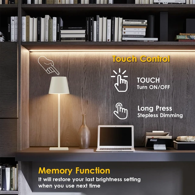 Alt view image 4 of 7 - Cordless Table Lamp 5000mAh LED Rechargeable Lamp Off White, 2-Pack | Battery Operated, 3000K Stepless Dimming, IP54 Waterproof, Portable Modern Table Light, for Outdoor/Restaurant/Dinner/Bedroom