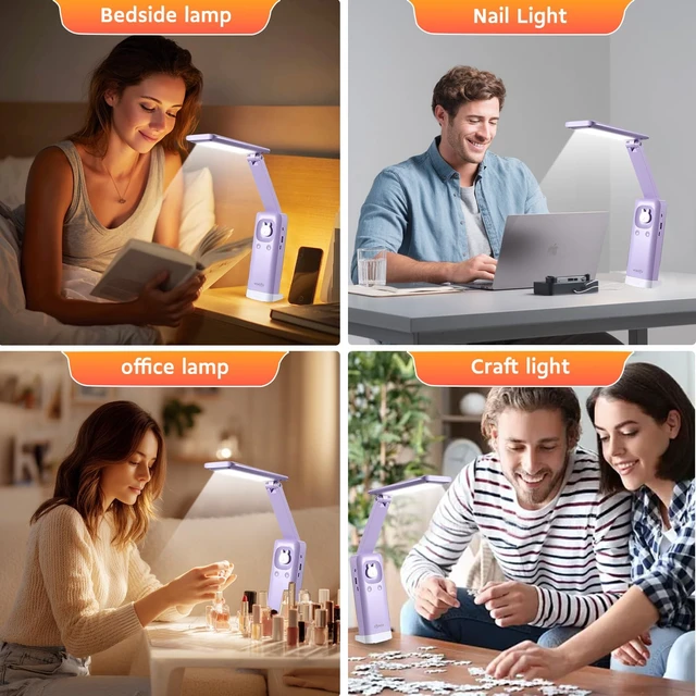 Alt view image 5 of 7 - Cute Bunny Desk Lamp, 6000mAh Rechargeable Foldable LED, Purple | 3 Color Modes & Stepless Dimming, Eye-Caring Flicker-Free Light with Phone Holder & Night Light for Kids Bedroom Study Dorm