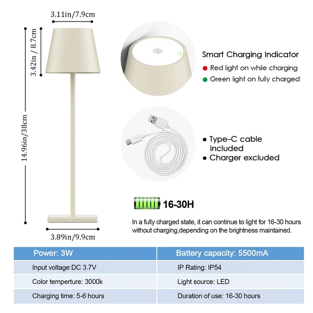 Alt view image 6 of 7 - Cordless Table Lamp 5000mAh LED Rechargeable Lamp Off White, 2-Pack | Battery Operated, 3000K Stepless Dimming, IP54 Waterproof, Portable Modern Table Light, for Outdoor/Restaurant/Dinner/Bedroom