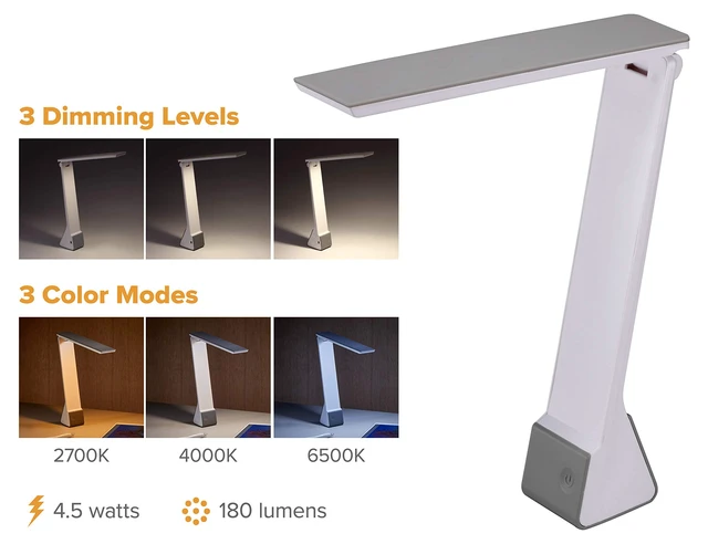 Alt view image 3 of 7 - Office Rechargeable Battery Led Desk Lamp, 3 Color Temperatures, Flip Open, Gray (KT-VLED1810-GRAY)