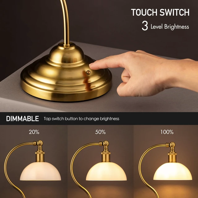Alt view image 2 of 7 - Bankers - Cordless LED Table Lamp, Battery-Operated, Rechargeable, 3-Level Dimming, Universal USB-C Charging, 180° Swivel Head, White Jade Glass Shade, Antique Brass