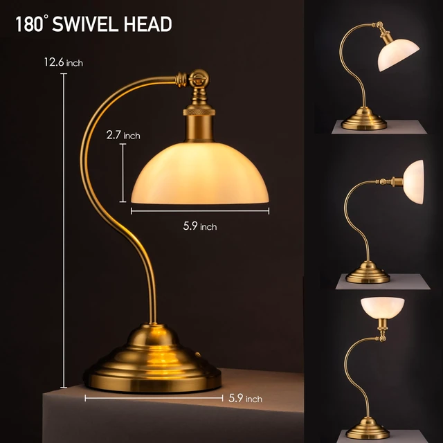 Alt view image 4 of 7 - Bankers - Cordless LED Table Lamp, Battery-Operated, Rechargeable, 3-Level Dimming, Universal USB-C Charging, 180° Swivel Head, White Jade Glass Shade, Antique Brass