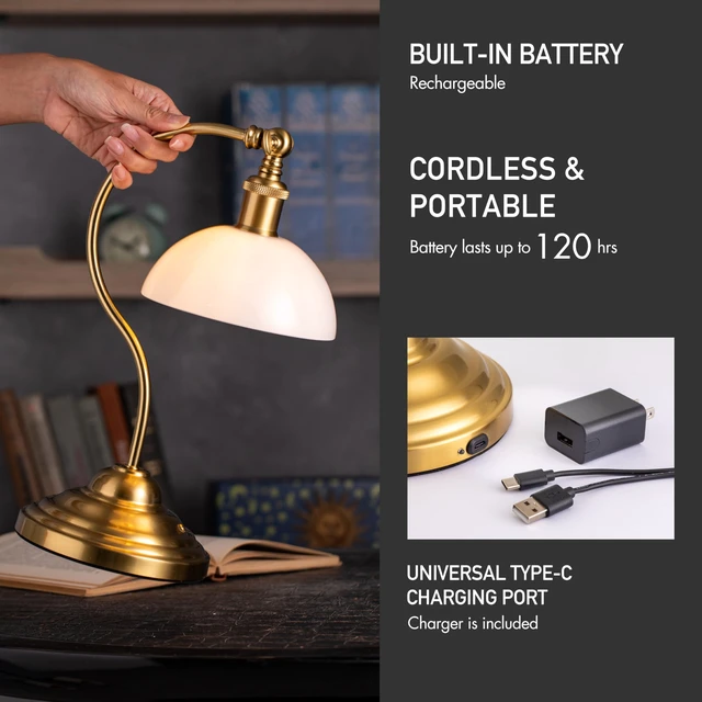 Alt view image 3 of 7 - Bankers - Cordless LED Table Lamp, Battery-Operated, Rechargeable, 3-Level Dimming, Universal USB-C Charging, 180° Swivel Head, White Jade Glass Shade, Antique Brass