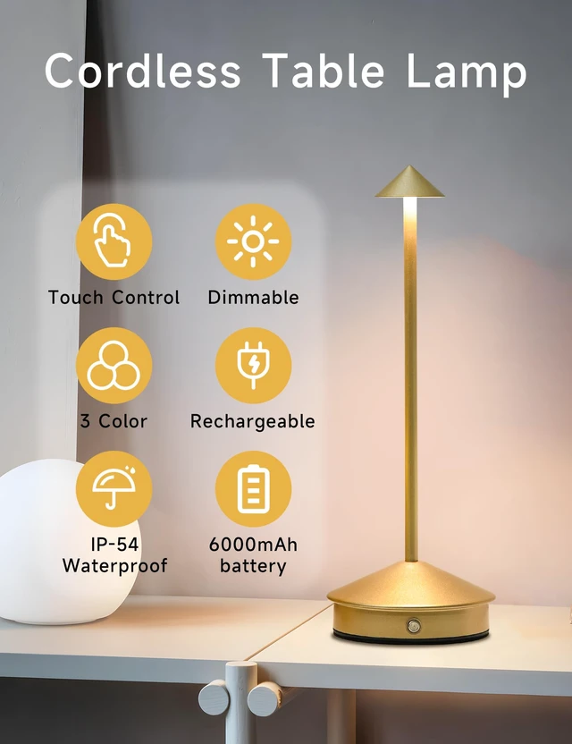Alt view image 2 of 6 - LED Rechargeable Cordless Table Lamps Gold | 2 Pcs Portable Modern USB Battery Operated Lights,Waterproof Touch Dimmable Desk Lamp,for Patio,Restaurant,Bar,Dining Home