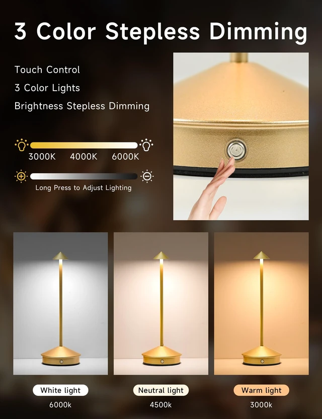 Alt view image 3 of 6 - LED Rechargeable Cordless Table Lamps Gold | 2 Pcs Portable Modern USB Battery Operated Lights,Waterproof Touch Dimmable Desk Lamp,for Patio,Restaurant,Bar,Dining Home