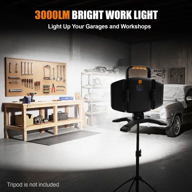 Alt view image 3 of 7 - 3000LM Rechargeable Work Light, Magnetic LED, Foldable & Portable | 360° Adjustable 4400mAh Battery 39H Runtime 5 Light Modes Garage Car Repair Workshop Jobsite Camping