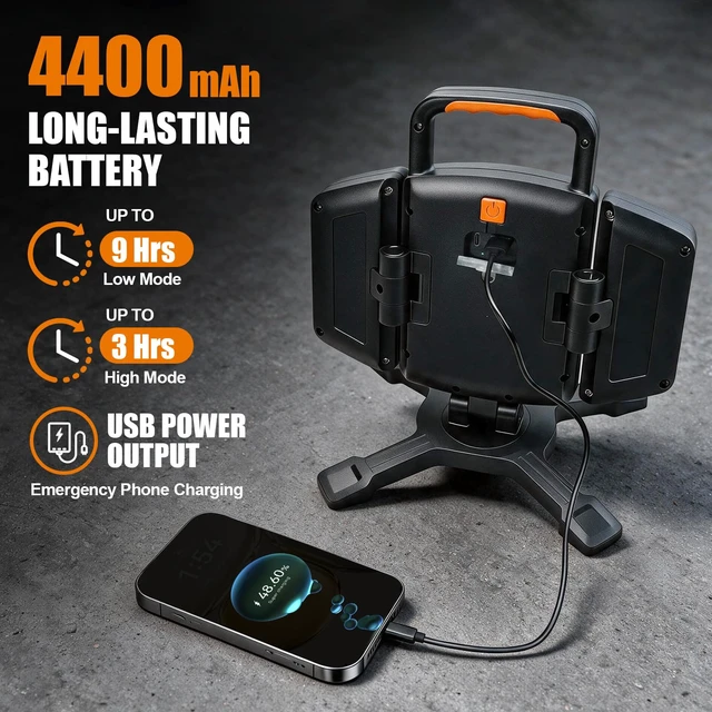 Alt view image 5 of 7 - 3000LM Rechargeable Work Light, Magnetic LED, Foldable & Portable | 360° Adjustable 4400mAh Battery 39H Runtime 5 Light Modes Garage Car Repair Workshop Jobsite Camping