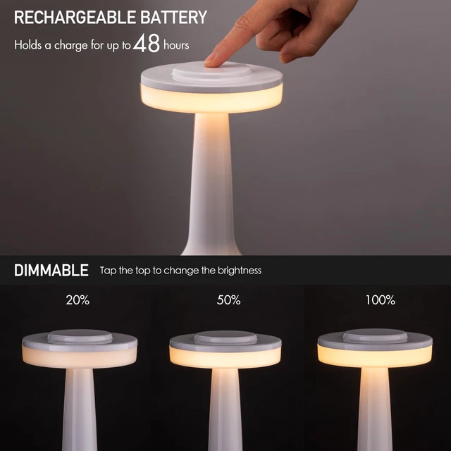 Alt view image 2 of 7 - Dome Cordless Rechargeable LED Mushroom Table Lamp, Piano White | Restaurant table lamp, battery operated bedside lamp, portable nightstand light, 3 level touch dimming, Type C charging