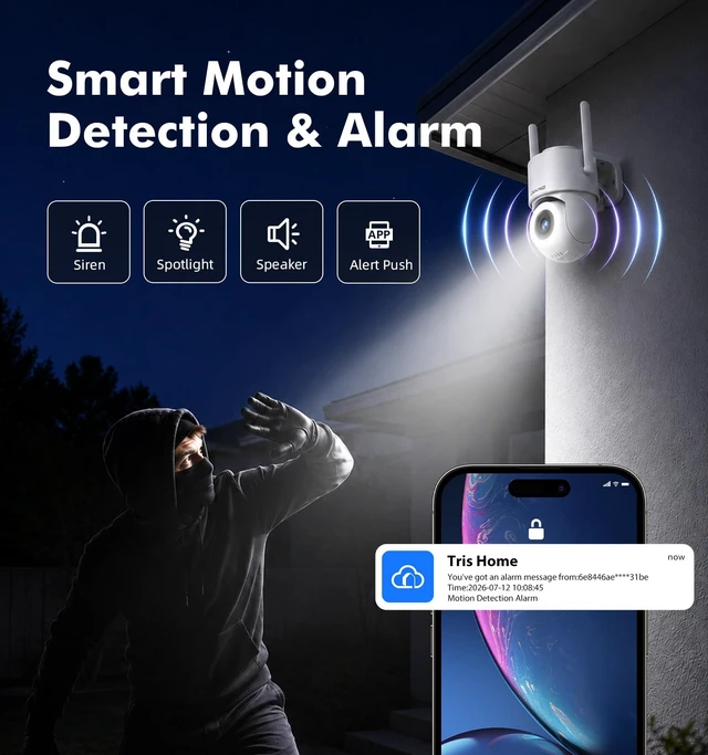 Alt view image 6 of 7 - 2.5K Outdoor WiFi Security Camera, Plug-in, 360° PTZ Auto Tracking | 5GHz WiFi,Works with Alexa,Spotlight&Siren,24/7 Recording,Color Night Vision,Motion Detection,2-Way Audio,Local/Cloud Storage