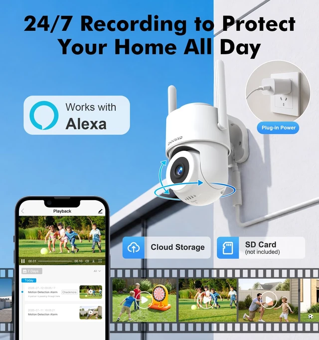 Alt view image 7 of 7 - 2.5K Outdoor WiFi Security Camera, Plug-in, 360° PTZ Auto Tracking | 5GHz WiFi,Works with Alexa,Spotlight&Siren,24/7 Recording,Color Night Vision,Motion Detection,2-Way Audio,Local/Cloud Storage