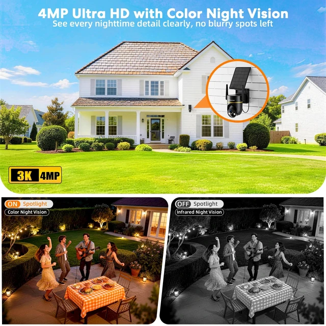 Alt view image 4 of 7 - 5G/2.4GHz WiFi Solar Outdoor Wireless Security Camera, 4MP PTZ Cameras for Home Security Outdoor,Full Color Night Vision, AI Motion Detection, Siren Alarm, 2-Way Audio,Work w/Alexa, Waterproof
