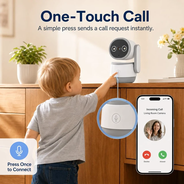 Alt view image 3 of 7 - 1080P Indoor Security Camera, 2.4G WiFi Smart Home Camera for Baby/Pet/Elderly, Pan Tilt 360° View Night Vision, Two-Way Audio with One-Touch Call Button, Cloud/SD Storage, Work with iCam365