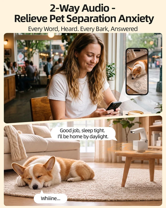 Alt view image 3 of 7 - Genie S 2.5K Pet/Dog/Cat Camera, No Subscription Required, Built-in 32GB Storage, Phone APP, 2-Way Audio, 350° Pan&Tilt, Motion Detection, Privacy Mode, AI Tracking, Alexa & Google Assistant