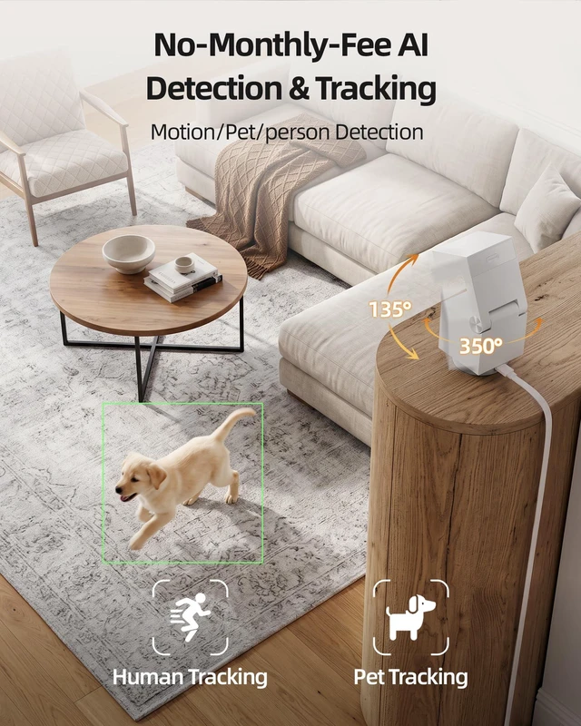 Alt view image 4 of 7 - Genie S 2.5K Pet/Dog/Cat Camera, No Subscription Required, Built-in 32GB Storage, Phone APP, 2-Way Audio, 350° Pan&Tilt, Motion Detection, Privacy Mode, AI Tracking, Alexa & Google Assistant