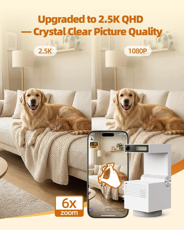Alt view image 5 of 7 - Genie S 2.5K Pet/Dog/Cat Camera, No Subscription Required, Built-in 32GB Storage, Phone APP, 2-Way Audio, 350° Pan&Tilt, Motion Detection, Privacy Mode, AI Tracking, Alexa & Google Assistant