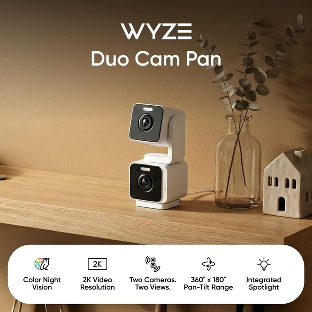 Alt view image 2 of 7 - Duo Cam Pan Indoor/Outdoor IP65 2K 360° Pan/Tilt Smart Home Security Camera with Color Night Vision, Compatible with Alexa & Google Assistant, White