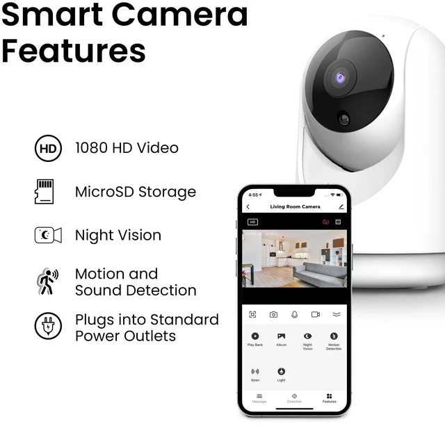 Alt view image 5 of 7 - Indoor Security Camera with Motion Detection, 30ft. Night Vision, Pan and Tilt Head, 2.4GHz WiFi, 2-Way Audio, 1080p HD, Works with Alexa & Google Asst, Plug-in, White, CAM/PAN/WiFi/G2