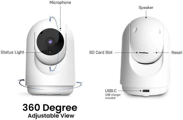 Alt view image 4 of 7 - Indoor Security Camera with Motion Detection, 30ft. Night Vision, Pan and Tilt Head, 2.4GHz WiFi, 2-Way Audio, 1080p HD, Works with Alexa & Google Asst, Plug-in, White, CAM/PAN/WiFi/G2