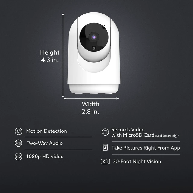 Alt view image 2 of 7 - Indoor Security Camera with Motion Detection, 30ft. Night Vision, Pan and Tilt Head, 2.4GHz WiFi, 2-Way Audio, 1080p HD, Works with Alexa & Google Asst, Plug-in, White, CAM/PAN/WiFi/G2