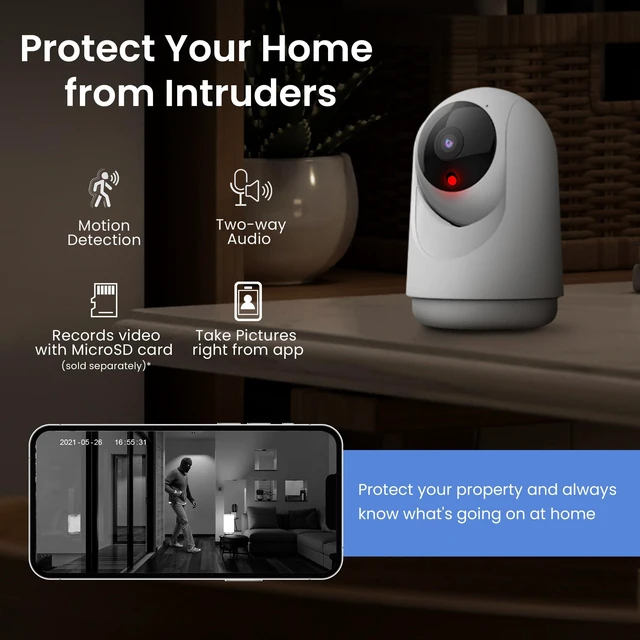 Alt view image 3 of 7 - Indoor Security Camera with Motion Detection, 30ft. Night Vision, Pan and Tilt Head, 2.4GHz WiFi, 2-Way Audio, 1080p HD, Works with Alexa & Google Asst, Plug-in, White, CAM/PAN/WiFi/G2