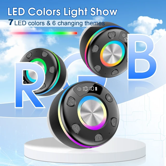 Alt view image 4 of 7 - Bluetooth Shower Speaker, IPX7 Portable Speaker 360° HD Sound, Black | RGB Lights, Suction Cup Design, Bluetooth 5.3 Shower Radio, Built-in Mic, TWS Stereo Pairing for Party/Outdoor/Travel/Gifts