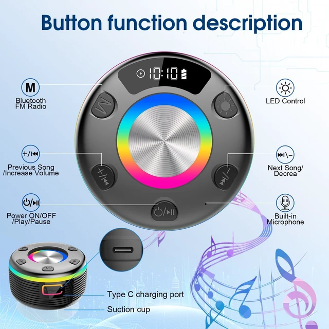 Alt view image 7 of 7 - Bluetooth Shower Speaker, IPX7 Portable Speaker 360° HD Sound, Black | RGB Lights, Suction Cup Design, Bluetooth 5.3 Shower Radio, Built-in Mic, TWS Stereo Pairing for Party/Outdoor/Travel/Gifts
