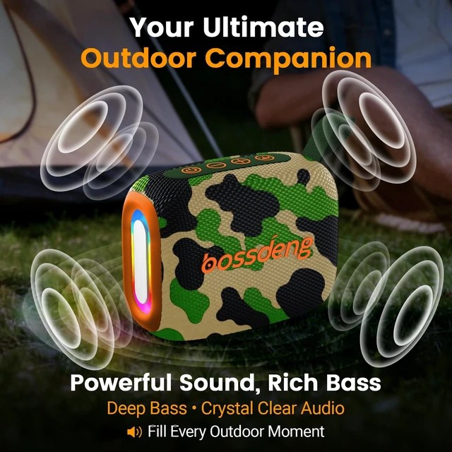 Alt view image 2 of 7 - Waterproof Portable Bluetooth Speaker, Lights & Strap, Camoouflage | Compact Wireless Outdoor Speaker, 10H Playtime, Bluetooth 5.3 Stable Connection IPX5 for Beach, Camping, Travel and Shower