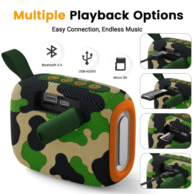 Alt view image 4 of 7 - Waterproof Portable Bluetooth Speaker, Lights & Strap, Camoouflage | Compact Wireless Outdoor Speaker, 10H Playtime, Bluetooth 5.3 Stable Connection IPX5 for Beach, Camping, Travel and Shower