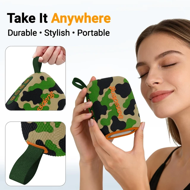 Alt view image 7 of 7 - Waterproof Portable Bluetooth Speaker, Lights & Strap, Camoouflage | Compact Wireless Outdoor Speaker, 10H Playtime, Bluetooth 5.3 Stable Connection IPX5 for Beach, Camping, Travel and Shower