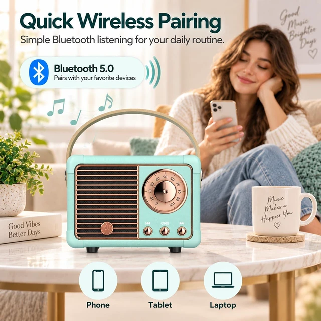 Alt view image 5 of 7 - Retro Bluetooth Speaker,Small Vintage Decor,Cute Birthday Gifts Blue | Gifts for women teenage portable mini wireless old Fashion style for kitchen desk bedroom office outdoor accessories