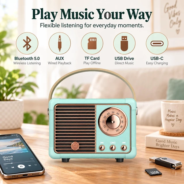 Alt view image 6 of 7 - Retro Bluetooth Speaker,Small Vintage Decor,Cute Birthday Gifts Blue | Gifts for women teenage portable mini wireless old Fashion style for kitchen desk bedroom office outdoor accessories