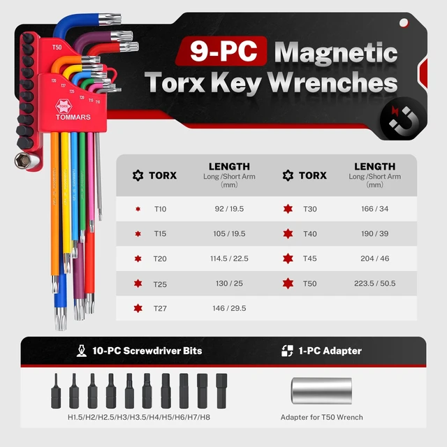 Alt view image 4 of 7 - 9-PC Magnetic Torx Wrench Set, Color Coded T-Handle & Long Arm | Magnetic Head for Precision, TORX(T10-T50), Color Coded, Includes Screwdriver Bit Set & Adapter, S2 Steel