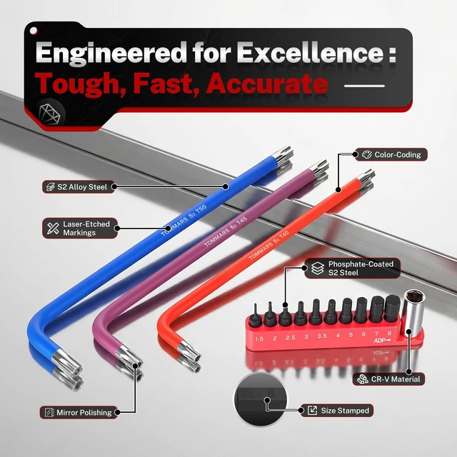 Alt view image 5 of 7 - 9-PC Magnetic Torx Wrench Set, Color Coded T-Handle & Long Arm | Magnetic Head for Precision, TORX(T10-T50), Color Coded, Includes Screwdriver Bit Set & Adapter, S2 Steel