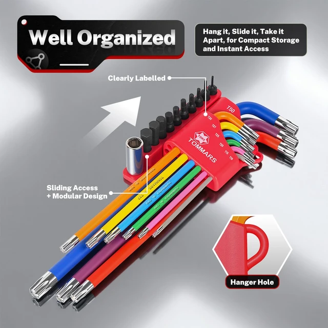 Alt view image 6 of 7 - 9-PC Magnetic Torx Wrench Set, Color Coded T-Handle & Long Arm | Magnetic Head for Precision, TORX(T10-T50), Color Coded, Includes Screwdriver Bit Set & Adapter, S2 Steel