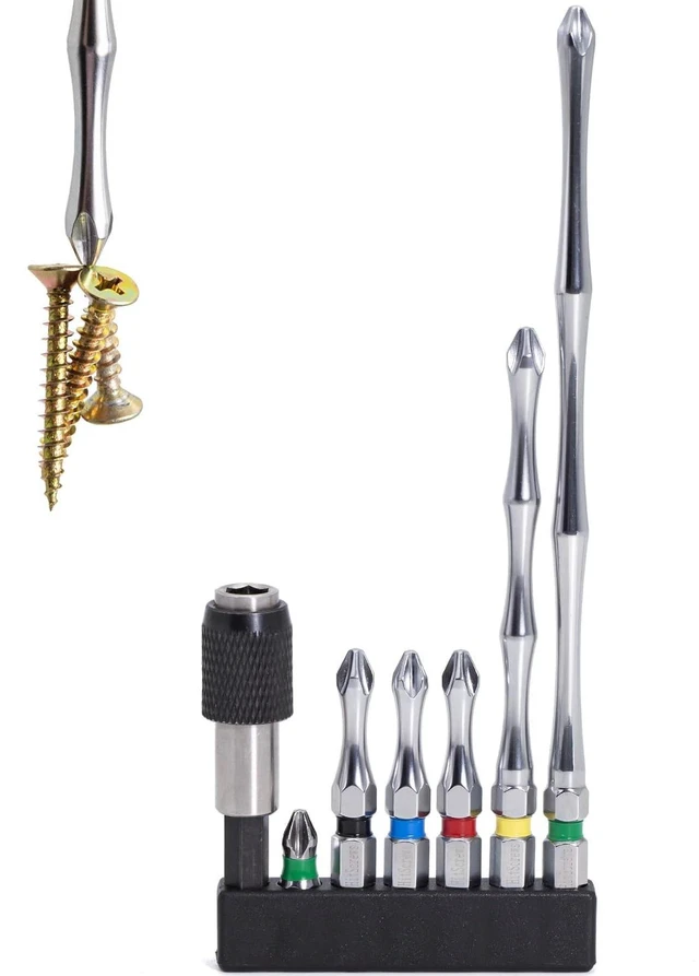 Main image of Impact Driver Bit Set PH2 (S2 Steel, CNC Phillips Tip, Chrome Finish) Magnetic Screwdriver Bits Mixed Sizes: 1", 2", 4", 6" + Magnetic Bit Holder 7 PCS Kit for DIY & Repairs