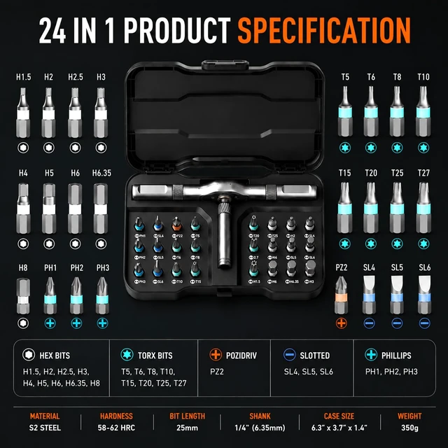 Alt view image 2 of 7 - 24 in 1 Magnetic Ratchet Screwdriver Set, Mini Removable Self Assembly Precision Tool Kit, Magnetic Screwdriver Set with Multiple Bits for PC, Mobile, Watch, Bicycle Repair and Daily DIY Projects