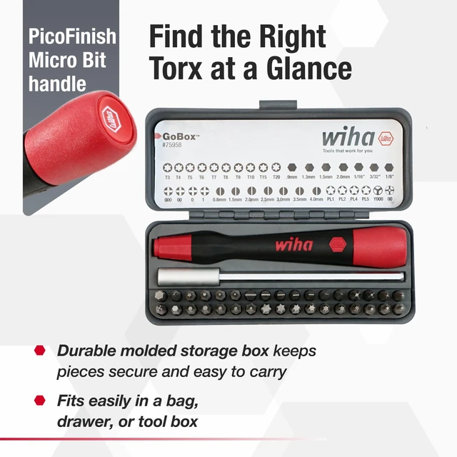 Alt view image 6 of 7 - 75958 PicoFinish Precision Micro Bit Set with Extension, 36 Piece | Slotted, phillips, hex, torx, pentalobe, standoff and Y-type micro bits; PicoFinish handle; magnetic holder