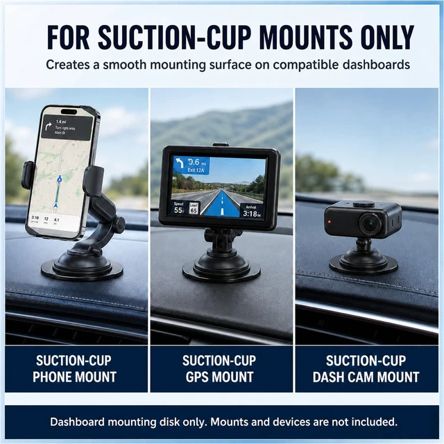Alt view image 7 of 7 - Dashboard Pad Mounting Disk for Suction Cup Mounts Only, 3.23 in Heat-Resistant Adhesive Base with Flexible Steel Reinforcement, Fits Flat & Curved Dashboards, Phone Holders, GPS & Dash Cams 2 Pack