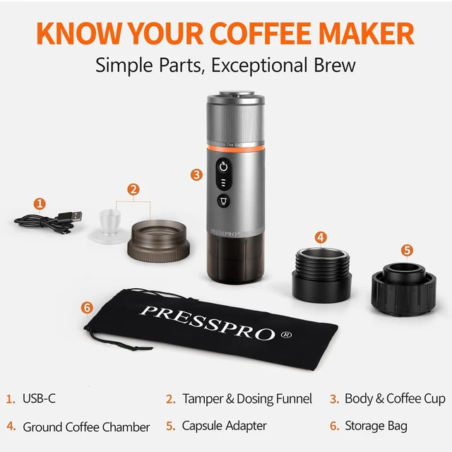 Alt view image 7 of 7 - Portable Espresso Maker, 13500mAh Self Heating Electric Espresso Machine | 20 Bar Mini Coffee Maker with USB-C,Ground Coffee & NS Capsule, Travel,Camping ,Hiking,Office,Road Trips