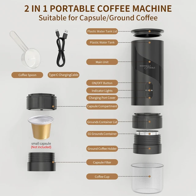 Alt view image 3 of 7 - HOME Portable Espresso Coffee Maker (Grounds or Pods) with Fast Brew Technology & Single Touch Control, Ideal for Offices or Travel