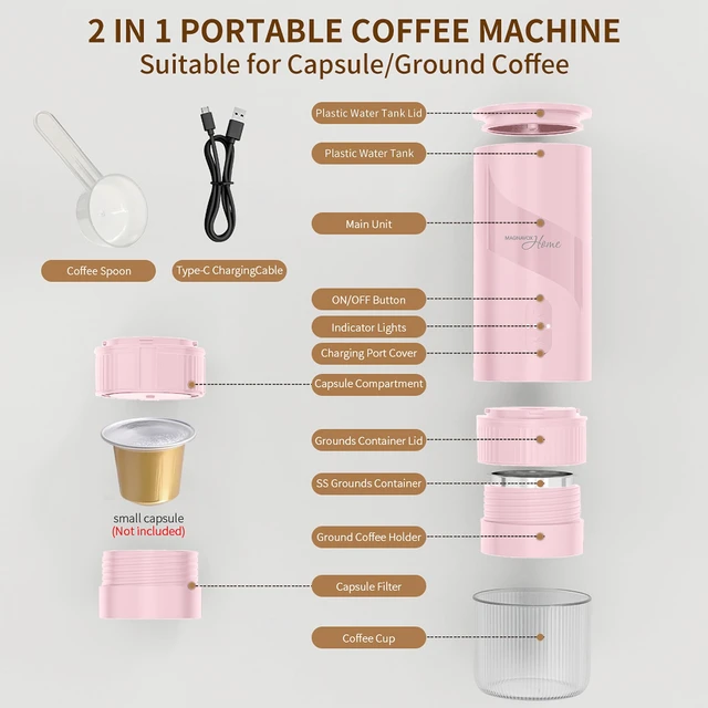 Alt view image 3 of 7 - HOME Portable Espresso Coffee Maker (Grounds or Pods) with Fast Brew Technology & Single Touch Control, Ideal for Offices or Travel