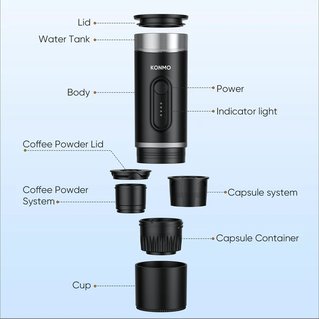 Alt view image 6 of 7 - Portable Espresso Machine for Travel, Self-Heating Electric Coffee Maker | Works with Capsules & Ground Coffee, Type-C Rechargeable, for Outdoor Camping Car RV Business Trips