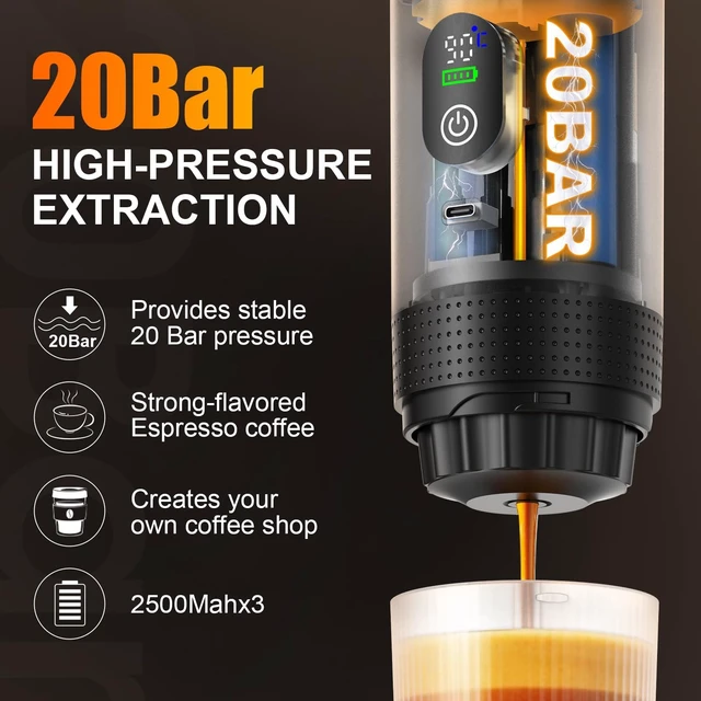 Alt view image 3 of 7 - 6-in-1 Portable Electric Espresso Machine20Bar SelfHeating camping coffee maker with 7500mA Battery,Display,compatible with Large/Small Capsules&Coffee Powder for Travel,Camping,Car&Office