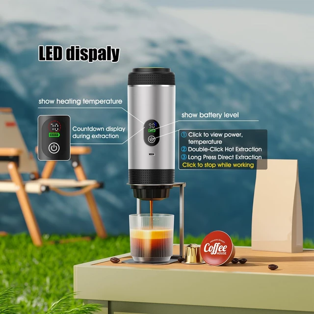 Alt view image 4 of 7 - 6-in-1 Portable Electric Espresso Machine20Bar SelfHeating camping coffee maker with 7500mA Battery,Display,compatible with Large/Small Capsules&Coffee Powder for Travel,Camping,Car&Office