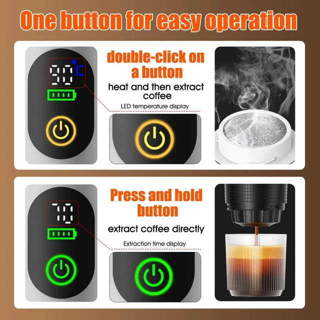 Alt view image 5 of 7 - 6-in-1 Portable Electric Espresso Machine20Bar SelfHeating camping coffee maker with 7500mA Battery,Display,compatible with Large/Small Capsules&Coffee Powder for Travel,Camping,Car&Office