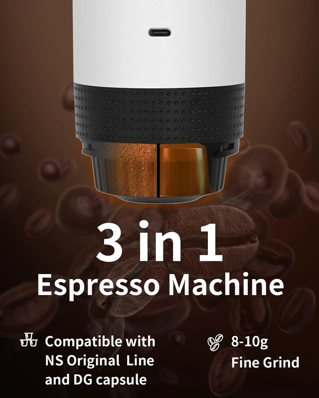 Alt view image 2 of 7 - Portable Electric Espresso Machine, Travel Coffee Maker Brewer Compatible with Ground Coffee & NS Capsules (White with LCD Screen)