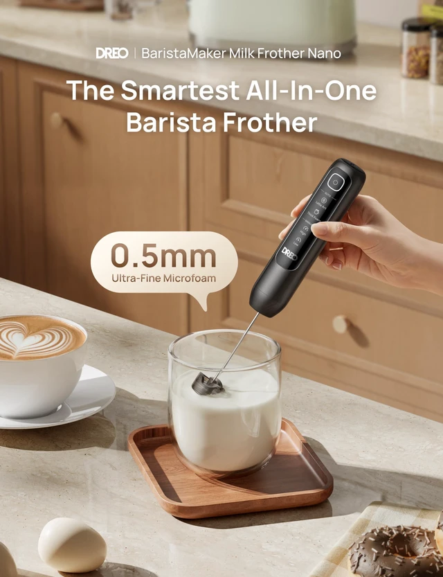 Alt view image 2 of 7 - Milk Frother Handheld, Coffee Drink Hand Mixer Wand, BaristaMaker Nano | 4 Modes for Latte Art Microfoam, 2550mAh Rechargeable Battery, One-Touch Frothing, 150+ Drinks, IPX6 Waterproof, Easy Clean