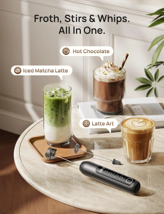 Alt view image 3 of 7 - Milk Frother Handheld, Coffee Drink Hand Mixer Wand, BaristaMaker Nano | 4 Modes for Latte Art Microfoam, 2550mAh Rechargeable Battery, One-Touch Frothing, 150+ Drinks, IPX6 Waterproof, Easy Clean