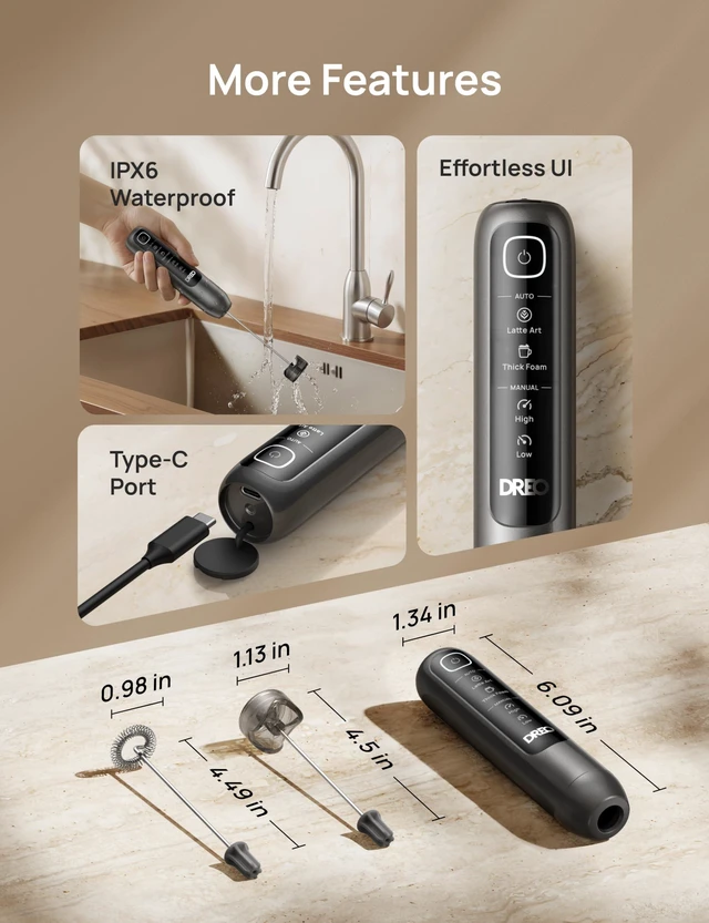 Alt view image 7 of 7 - Milk Frother Handheld, Coffee Drink Hand Mixer Wand, BaristaMaker Nano | 4 Modes for Latte Art Microfoam, 2550mAh Rechargeable Battery, One-Touch Frothing, 150+ Drinks, IPX6 Waterproof, Easy Clean
